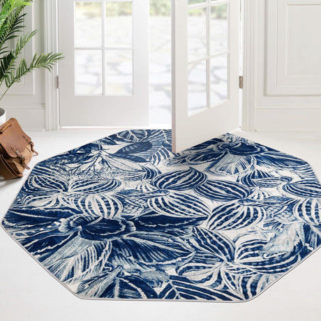 Navy Blue 6' x 6' Blossom Octagon Area Rug 100% Polypropylene With Cotton Backing Easy Clean Colorful Blooming Blossoming Flower Floral Plant Carpet for Living Dining Room Office Dorms for Sale at Rug Engine