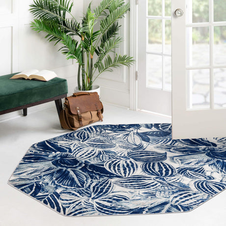 Navy Blue 6' x 6' Blossom Octagon Area Rug 100% Polypropylene With Cotton Backing Easy Clean Colorful Blooming Blossoming Flower Floral Plant Carpet for Living Dining Room Office Dorms for Sale at Rug Engine