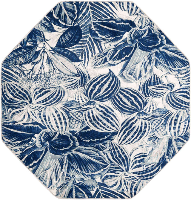 Navy Blue 6' x 6' Blossom Octagon Area Rug 100% Polypropylene With Cotton Backing Easy Clean Colorful Blooming Blossoming Flower Floral Plant Carpet for Living Dining Room Office Dorms for Sale at Rug Engine