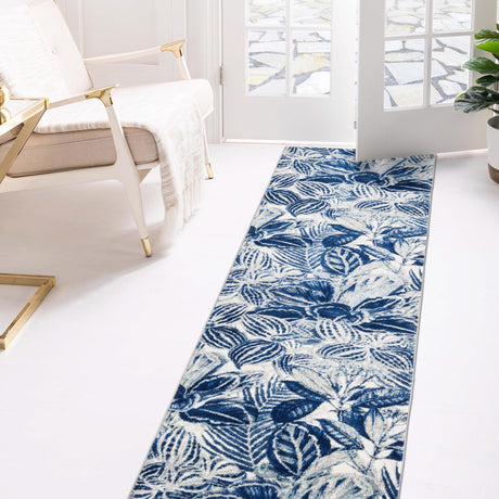 Navy Blue 2' 7 x 12' Blossom Runner Area Rug 100% Polypropylene With Cotton Backing Easy Clean Colorful Blooming Blossoming Flower Floral Plant Carpet for Living Dining Room Office Dorms for Sale at Rug Engine