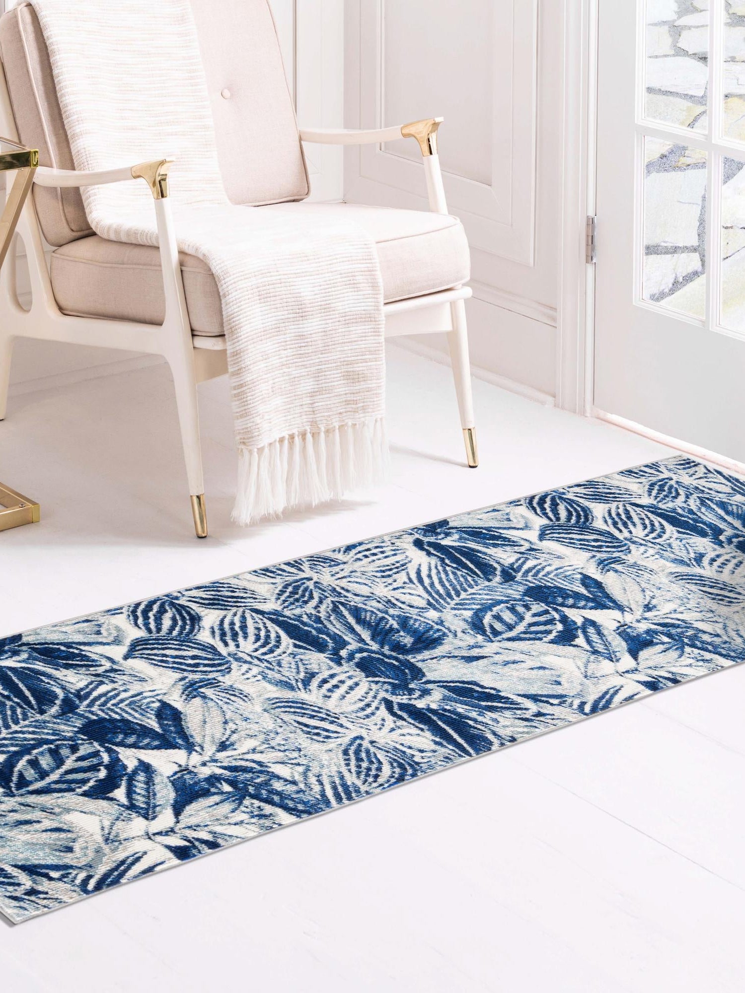 Navy Blue 2' x 6' Blossom Runner Area Rug 100% Polypropylene With Cotton Backing Easy Clean Colorful Blooming Blossoming Flower Floral Plant Carpet for Living Dining Room Office Dorms for Sale at Rug Engine