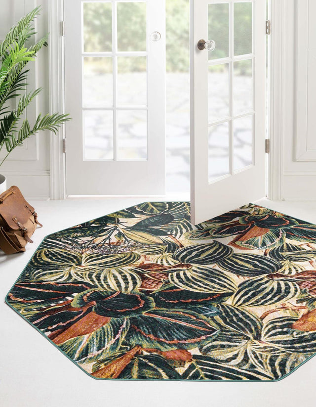 Multicolor 6' x 6' Blossom Octagon Area Rug 100% Polypropylene With Cotton Backing Easy Clean Colorful Blooming Blossoming Flower Floral Plant Carpet for Living Dining Room Office Dorms for Sale at Rug Engine