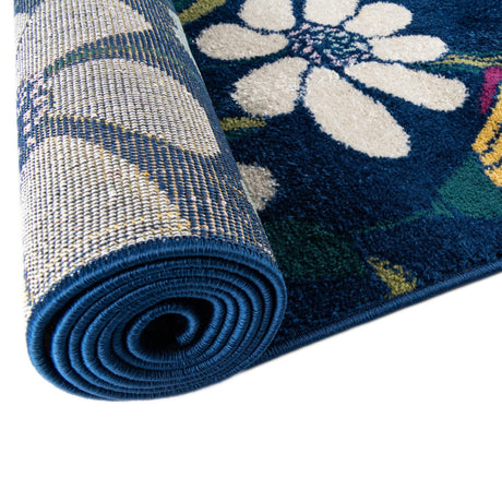 Navy Blue 10' x 13' 1 Bloom Rectangle Area Rug 100% Polypropylene With Cotton Backing Easy Clean Colorful Blooming Flower Floral Carpet for Living Dining Room Office Dorms for Sale at Rug Engine