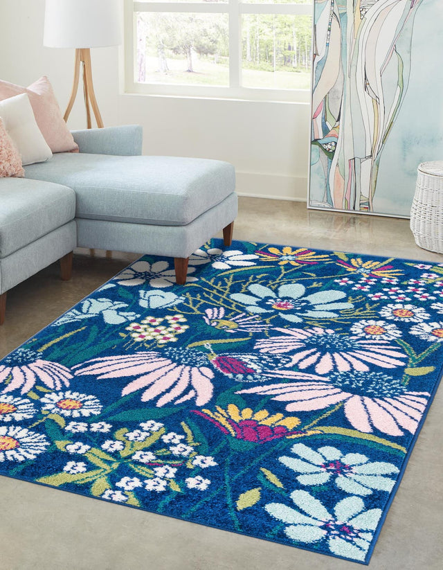 Navy Blue 10' x 13' 1 Bloom Rectangle Area Rug 100% Polypropylene With Cotton Backing Easy Clean Colorful Blooming Flower Floral Carpet for Living Dining Room Office Dorms for Sale at Rug Engine