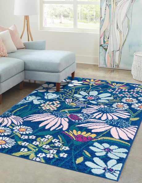 Navy Blue 7' 10 x 11' Bloom Rectangle Area Rug 100% Polypropylene With Cotton Backing Easy Clean Colorful Blooming Flower Floral Carpet for Living Dining Room Office Dorms for Sale at Rug Engine