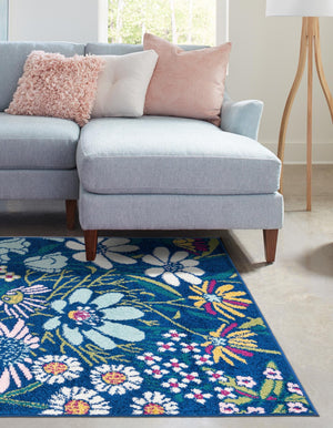 Navy Blue 7' 10 x 11' Bloom Rectangle Area Rug 100% Polypropylene With Cotton Backing Easy Clean Colorful Blooming Flower Floral Carpet for Living Dining Room Office Dorms for Sale at Rug Engine