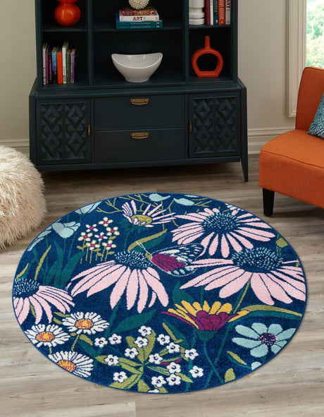 Navy Blue 10' x 10' Bloom Round Area Rug 100% Polypropylene With Cotton Backing Easy Clean Colorful Blooming Flower Floral Carpet for Living Dining Room Office Dorms for Sale at Rug Engine