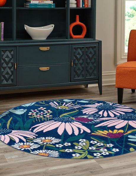 Navy Blue 7' 10 x 7' 10 Bloom Round Area Rug 100% Polypropylene With Cotton Backing Easy Clean Colorful Blooming Flower Floral Carpet for Living Dining Room Office Dorms for Sale at Rug Engine