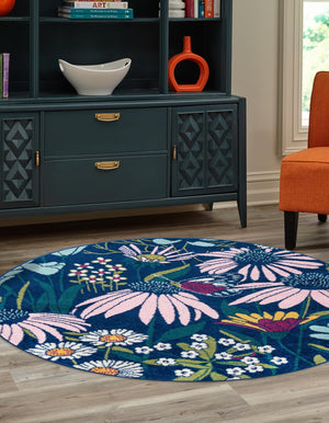 Navy Blue 10' x 10' Bloom Round Area Rug 100% Polypropylene With Cotton Backing Easy Clean Colorful Blooming Flower Floral Carpet for Living Dining Room Office Dorms for Sale at Rug Engine