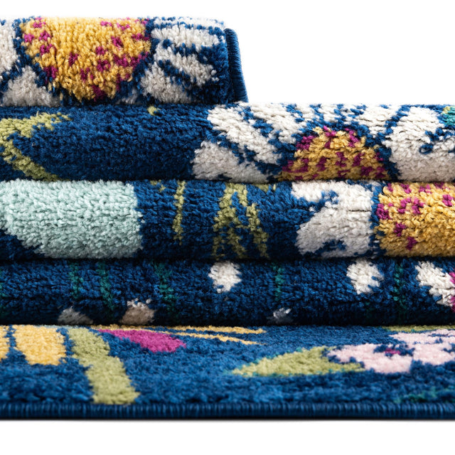 Navy Blue 7' 10 x 7' 10 Bloom Round Area Rug 100% Polypropylene With Cotton Backing Easy Clean Colorful Blooming Flower Floral Carpet for Living Dining Room Office Dorms for Sale at Rug Engine