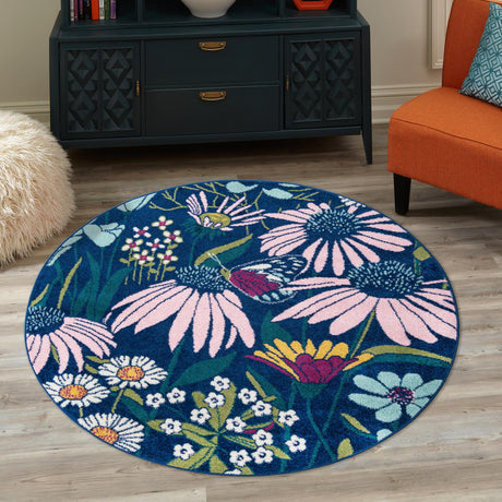Navy Blue 7' 10 x 7' 10 Bloom Round Area Rug 100% Polypropylene With Cotton Backing Easy Clean Colorful Blooming Flower Floral Carpet for Living Dining Room Office Dorms for Sale at Rug Engine