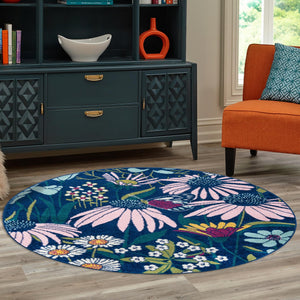 Navy Blue 7' 10 x 7' 10 Bloom Round Area Rug 100% Polypropylene With Cotton Backing Easy Clean Colorful Blooming Flower Floral Carpet for Living Dining Room Office Dorms for Sale at Rug Engine