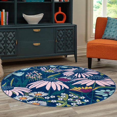 Navy Blue 7' 10 x 7' 10 Bloom Round Area Rug 100% Polypropylene With Cotton Backing Easy Clean Colorful Blooming Flower Floral Carpet for Living Dining Room Office Dorms for Sale at Rug Engine