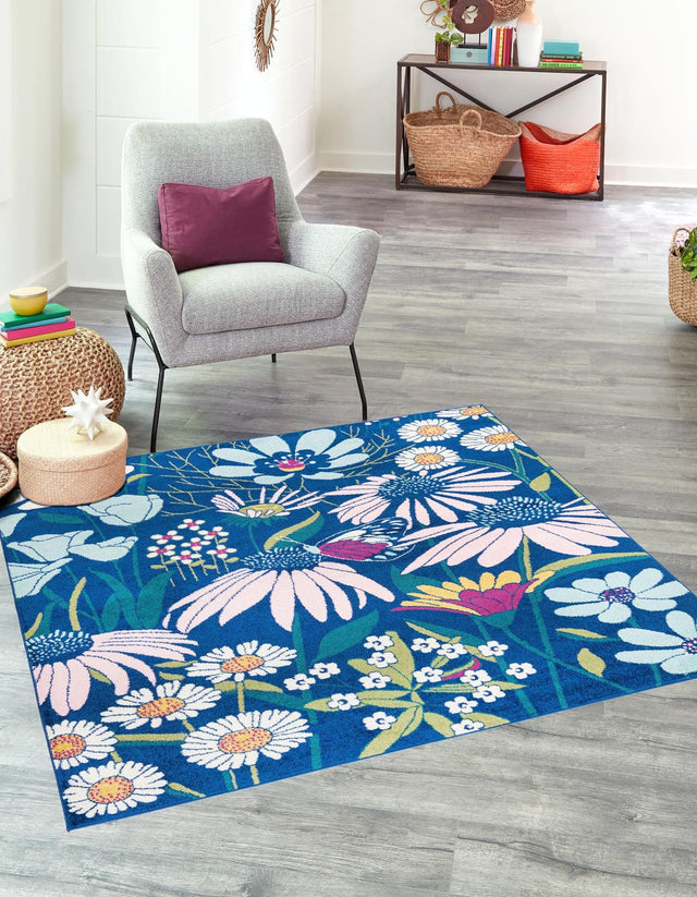 Navy Blue 10' x 10' Bloom Square Area Rug 100% Polypropylene With Cotton Backing Easy Clean Colorful Blooming Flower Floral Carpet for Living Dining Room Office Dorms for Sale at Rug Engine