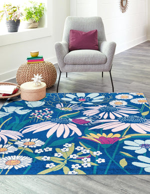 Navy Blue 10' x 10' Bloom Square Area Rug 100% Polypropylene With Cotton Backing Easy Clean Colorful Blooming Flower Floral Carpet for Living Dining Room Office Dorms for Sale at Rug Engine