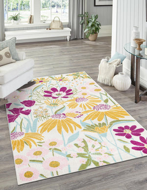 White 10' x 14' Bloom Rectangle Area Rug 100% Polypropylene With Cotton Backing Easy Clean Colorful Blooming Flower Floral Carpet for Living Dining Room Office Dorms for Sale at Rug Engine