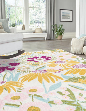 White 7' 1 x 10' Bloom Rectangle Area Rug 100% Polypropylene With Cotton Backing Easy Clean Colorful Blooming Flower Floral Carpet for Living Dining Room Office Dorms for Sale at Rug Engine