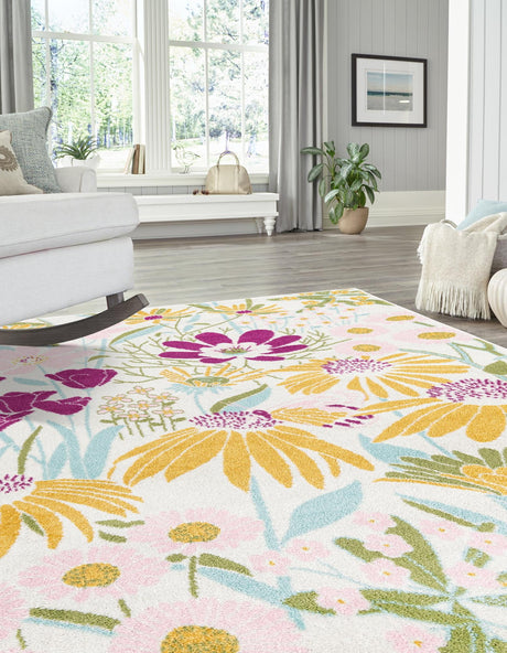 White 10' x 14' Bloom Rectangle Area Rug 100% Polypropylene With Cotton Backing Easy Clean Colorful Blooming Flower Floral Carpet for Living Dining Room Office Dorms for Sale at Rug Engine
