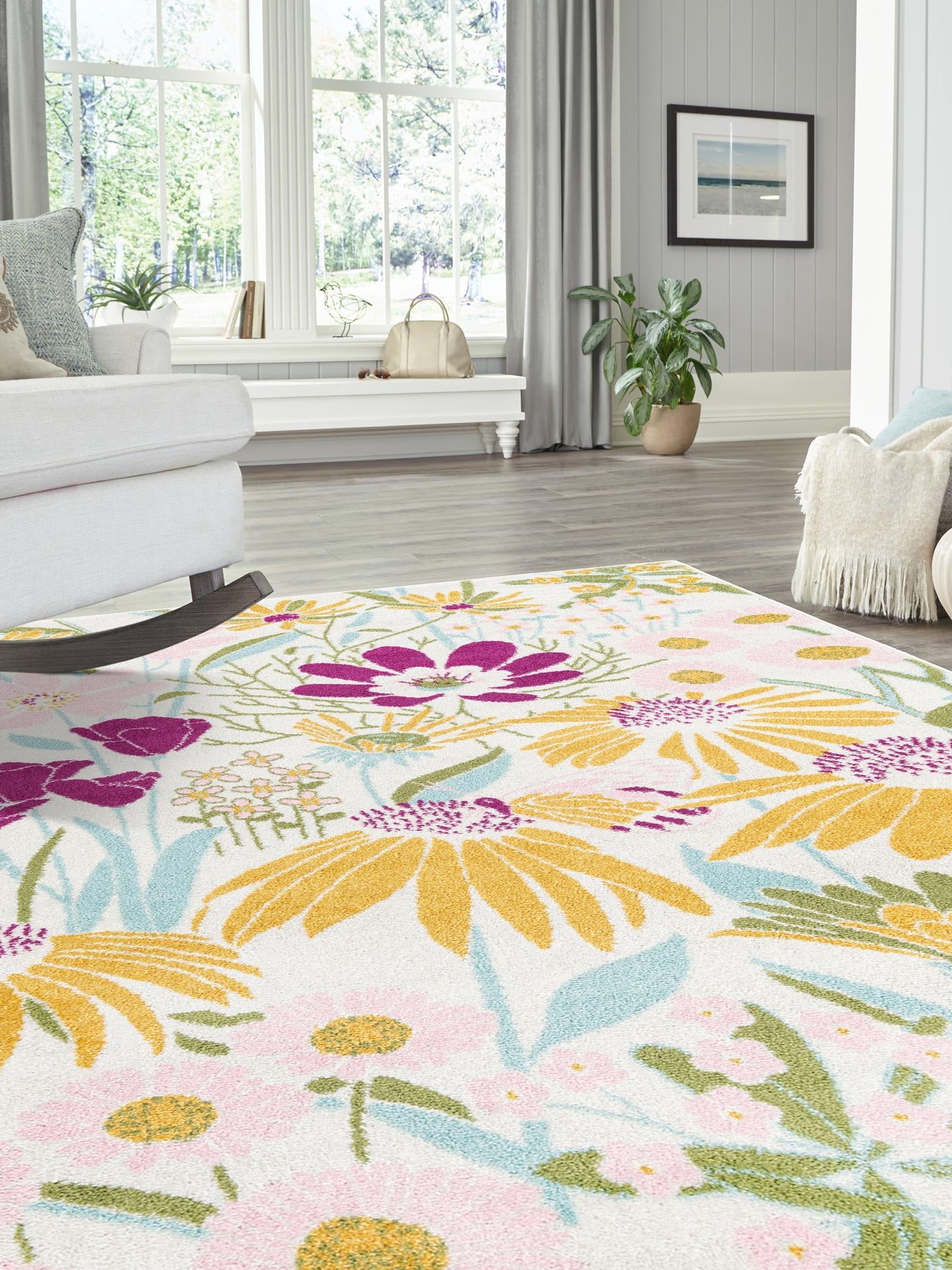 White 10' x 13' 1 Bloom Rectangle Area Rug 100% Polypropylene With Cotton Backing Easy Clean Colorful Blooming Flower Floral Carpet for Living Dining Room Office Dorms for Sale at Rug Engine