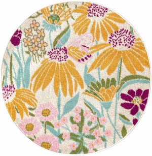 White 3' 3 x 3' 3 Bloom Round Area Rug 100% Polypropylene With Cotton Backing Easy Clean Colorful Blooming Flower Floral Carpet for Living Dining Room Office Dorms for Sale at Rug Engine