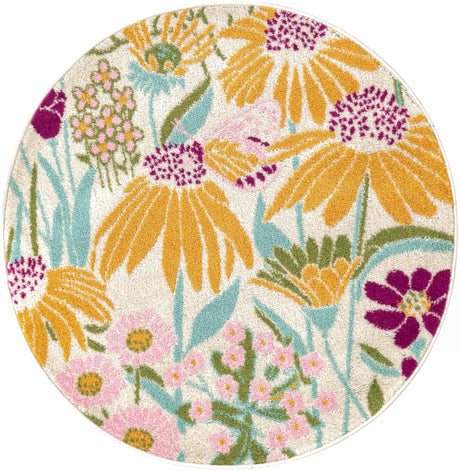 White 3' 3 x 3' 3 Bloom Round Area Rug 100% Polypropylene With Cotton Backing Easy Clean Colorful Blooming Flower Floral Carpet for Living Dining Room Office Dorms for Sale at Rug Engine