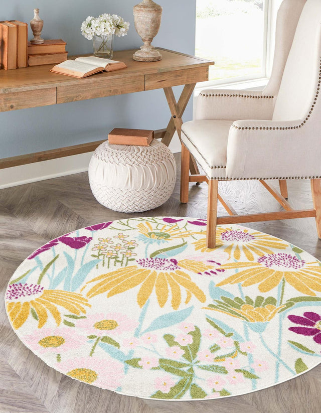 White 10' x 10' Bloom Round Area Rug 100% Polypropylene With Cotton Backing Easy Clean Colorful Blooming Flower Floral Carpet for Living Dining Room Office Dorms for Sale at Rug Engine