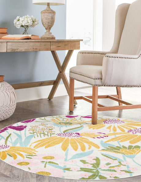 White 5' 3 x 5' 3 Bloom Round Area Rug 100% Polypropylene With Cotton Backing Easy Clean Colorful Blooming Flower Floral Carpet for Living Dining Room Office Dorms for Sale at Rug Engine