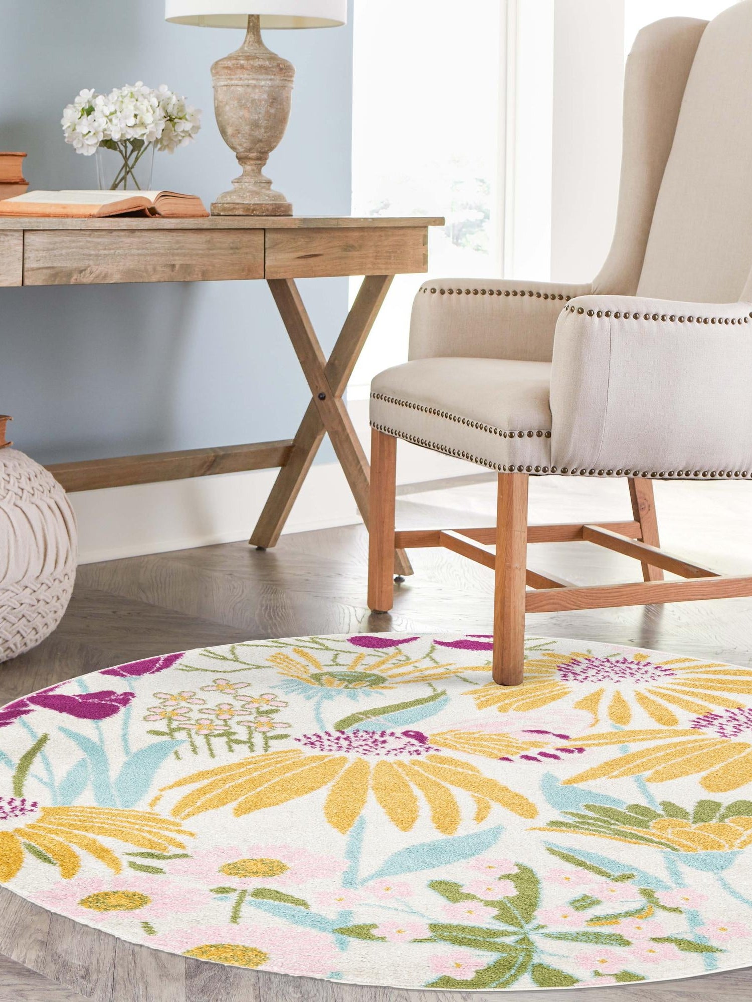 White 7' 10 x 7' 10 Bloom Round Area Rug 100% Polypropylene With Cotton Backing Easy Clean Colorful Blooming Flower Floral Carpet for Living Dining Room Office Dorms for Sale at Rug Engine
