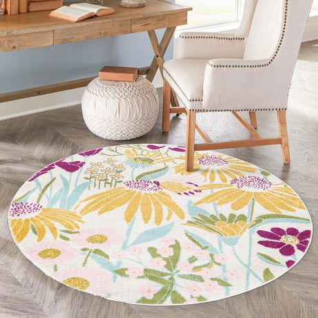 White 6' x 6' Bloom Round Area Rug 100% Polypropylene With Cotton Backing Easy Clean Colorful Blooming Flower Floral Carpet for Living Dining Room Office Dorms for Sale at Rug Engine