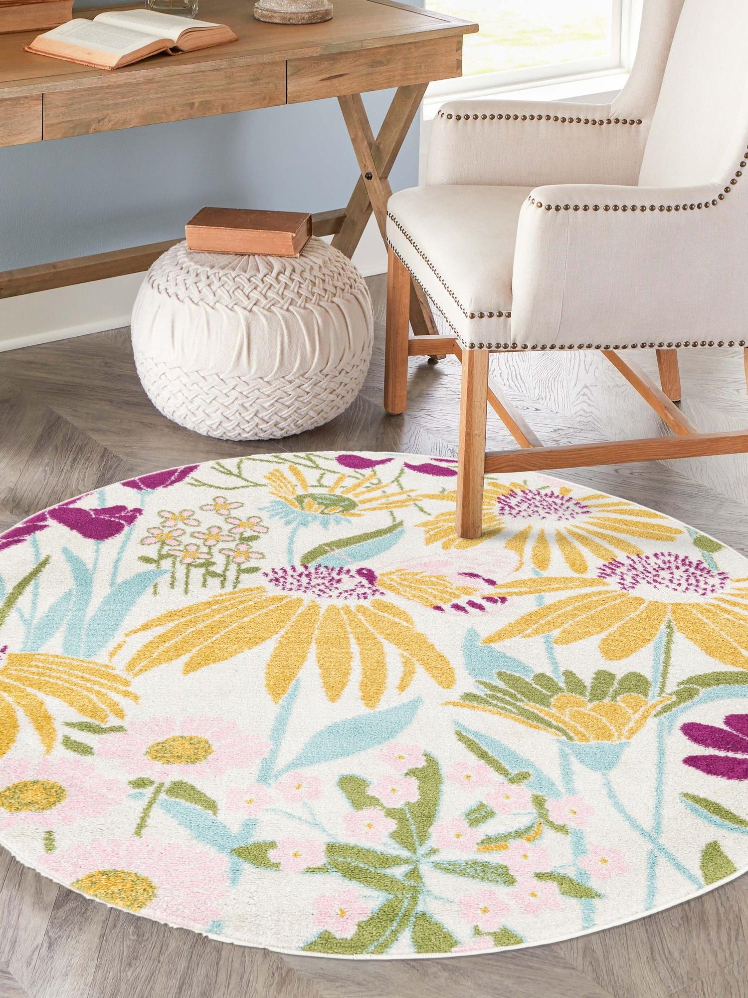 White 5' 3 x 5' 3 Bloom Round Area Rug 100% Polypropylene With Cotton Backing Easy Clean Colorful Blooming Flower Floral Carpet for Living Dining Room Office Dorms for Sale at Rug Engine