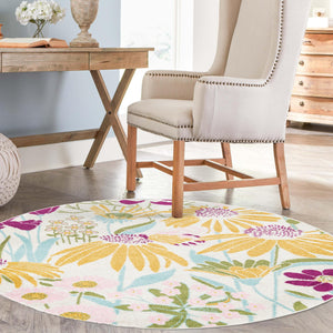 White 3' 3 x 3' 3 Bloom Round Area Rug 100% Polypropylene With Cotton Backing Easy Clean Colorful Blooming Flower Floral Carpet for Living Dining Room Office Dorms for Sale at Rug Engine