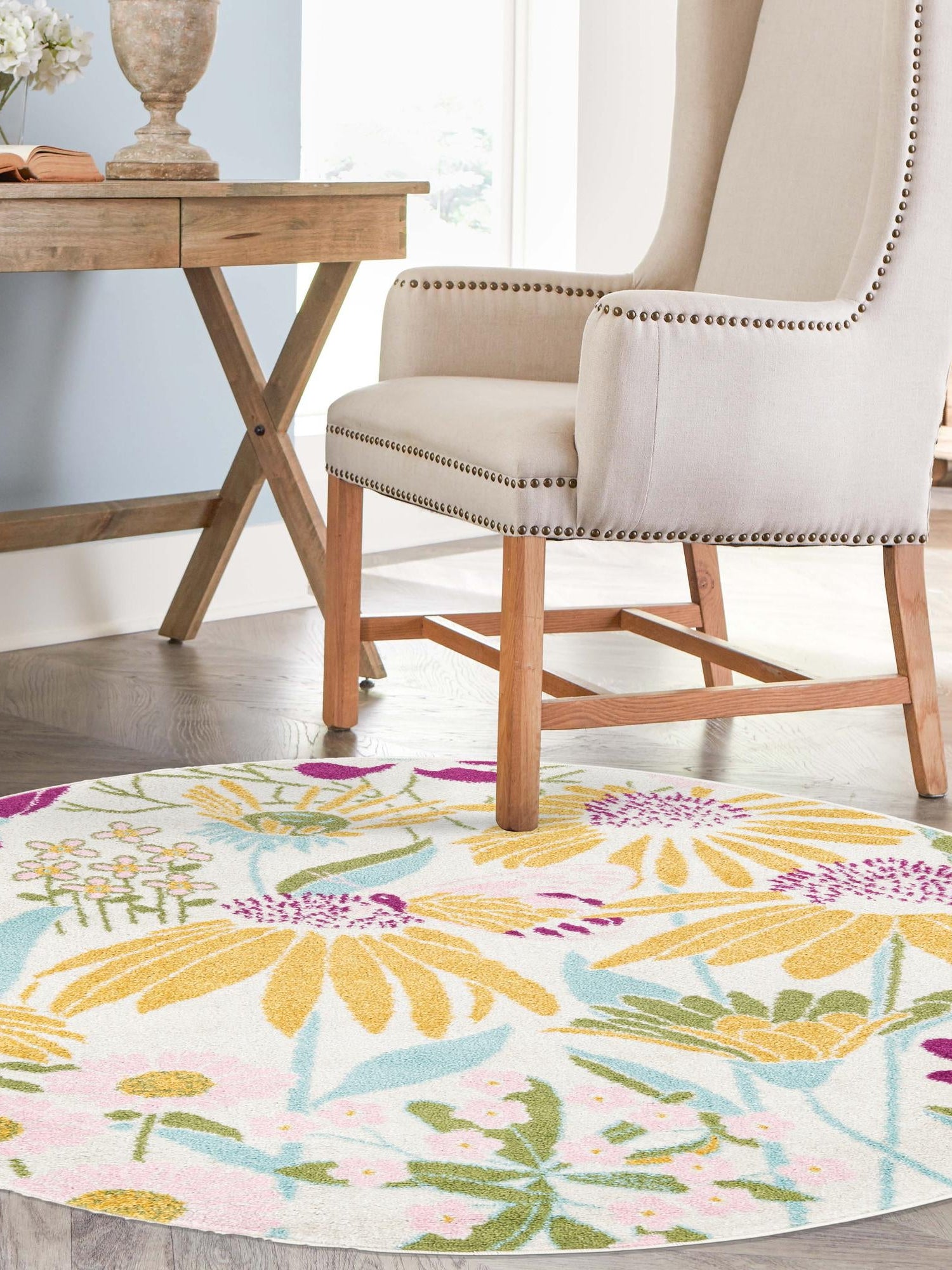 White 5' 3 x 5' 3 Bloom Round Area Rug 100% Polypropylene With Cotton Backing Easy Clean Colorful Blooming Flower Floral Carpet for Living Dining Room Office Dorms for Sale at Rug Engine