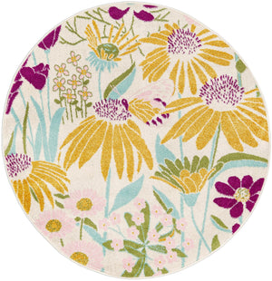 White 5' 3 x 5' 3 Bloom Round Area Rug 100% Polypropylene With Cotton Backing Easy Clean Colorful Blooming Flower Floral Carpet for Living Dining Room Office Dorms for Sale at Rug Engine