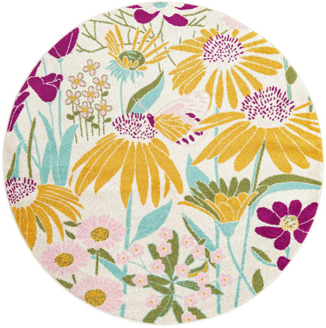 White 6' x 6' Bloom Round Area Rug 100% Polypropylene With Cotton Backing Easy Clean Colorful Blooming Flower Floral Carpet for Living Dining Room Office Dorms for Sale at Rug Engine