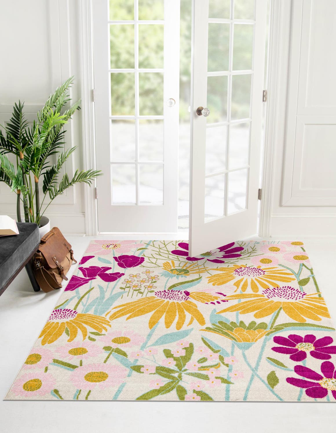 White 10' x 10' Bloom Square Area Rug 100% Polypropylene With Cotton Backing Easy Clean Colorful Blooming Flower Floral Carpet for Living Dining Room Office Dorms for Sale at Rug Engine