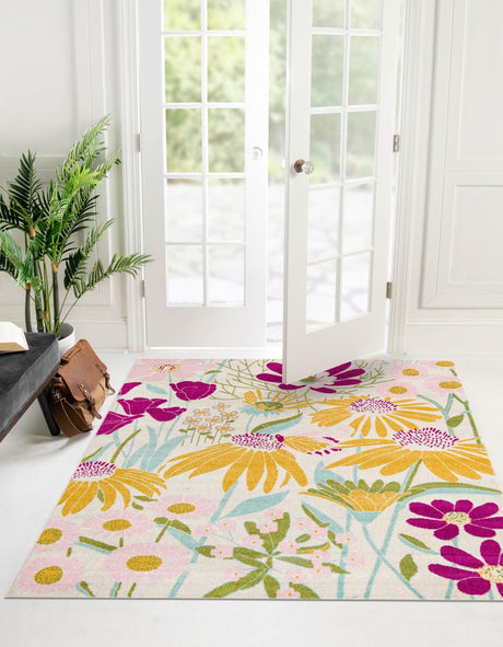 White 10' x 10' Bloom Square Area Rug 100% Polypropylene With Cotton Backing Easy Clean Colorful Blooming Flower Floral Carpet for Living Dining Room Office Dorms for Sale at Rug Engine