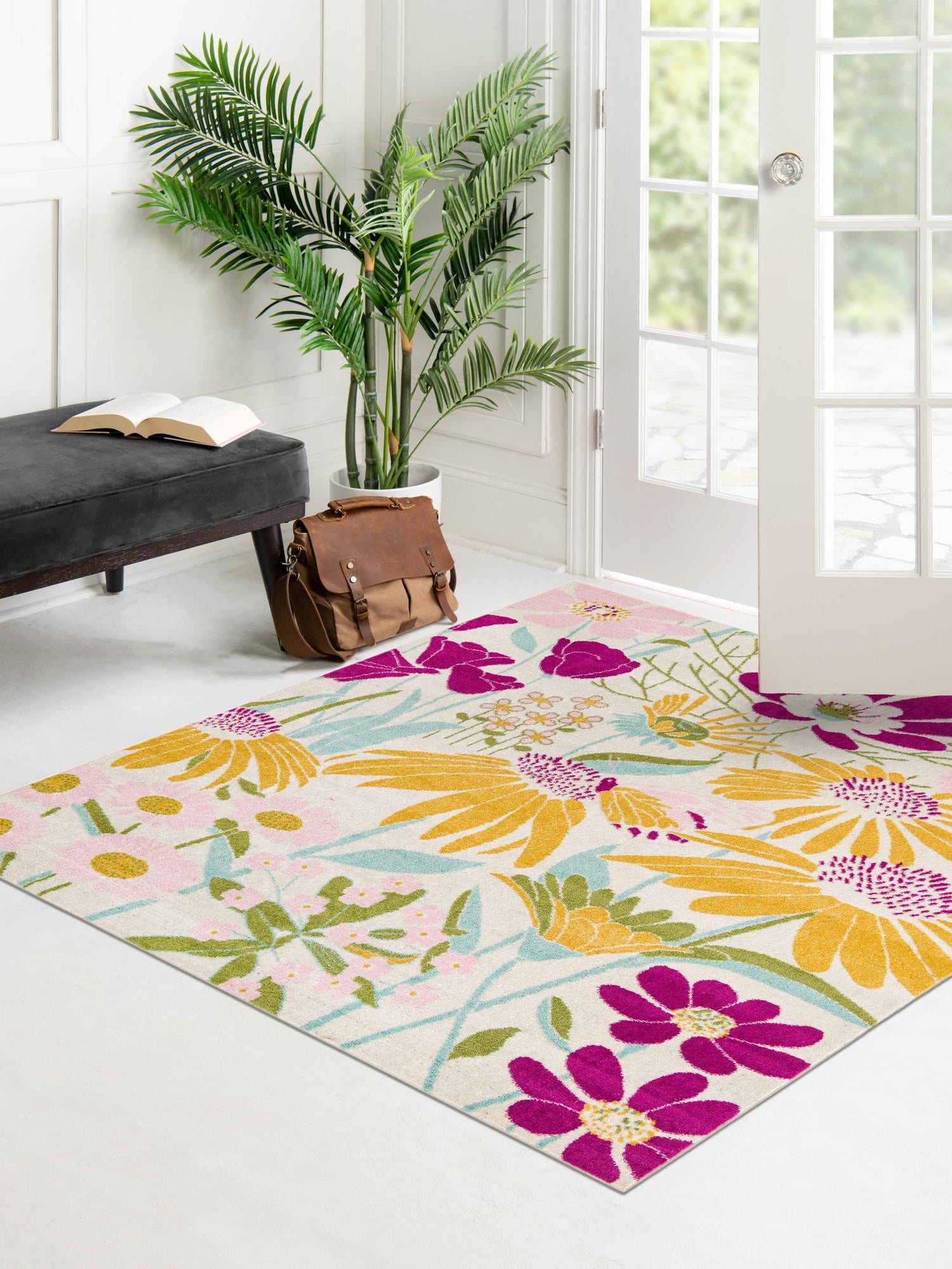 White 10' x 10' Bloom Square Area Rug 100% Polypropylene With Cotton Backing Easy Clean Colorful Blooming Flower Floral Carpet for Living Dining Room Office Dorms for Sale at Rug Engine