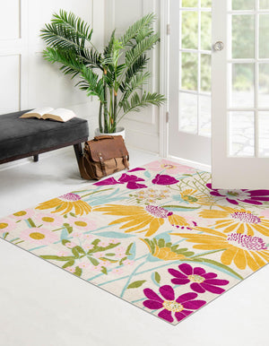 White 10' x 10' Bloom Square Area Rug 100% Polypropylene With Cotton Backing Easy Clean Colorful Blooming Flower Floral Carpet for Living Dining Room Office Dorms for Sale at Rug Engine