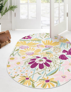 White 7' 10 x 10' Bloom Oval Area Rug 100% Polypropylene With Cotton Backing Easy Clean Colorful Blooming Flower Floral Carpet for Living Dining Room Office Dorms for Sale at Rug Engine