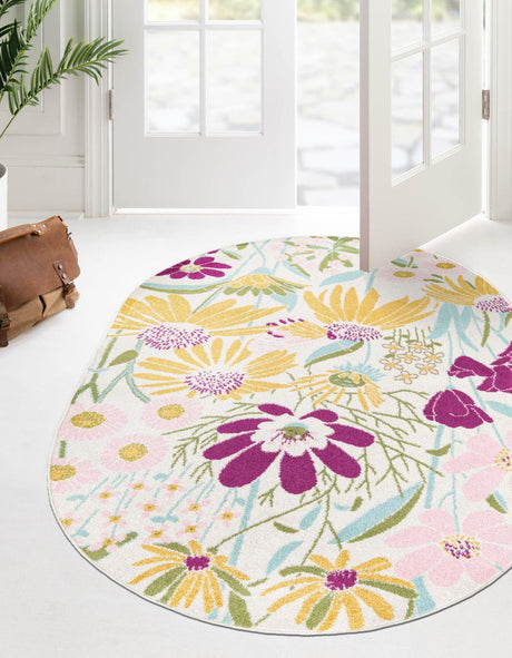 White 7' 10 x 10' Bloom Oval Area Rug 100% Polypropylene With Cotton Backing Easy Clean Colorful Blooming Flower Floral Carpet for Living Dining Room Office Dorms for Sale at Rug Engine