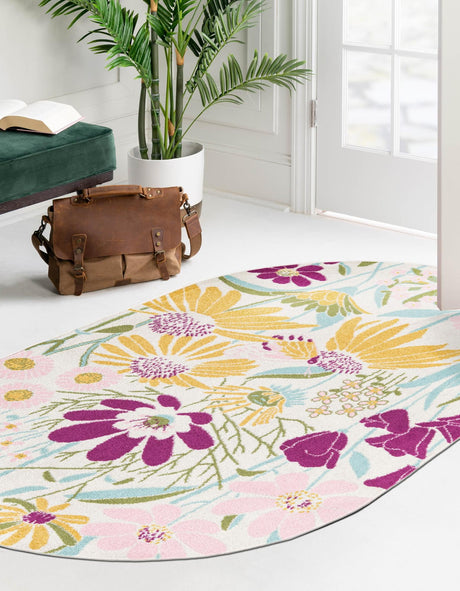 White 7' 10 x 10' Bloom Oval Area Rug 100% Polypropylene With Cotton Backing Easy Clean Colorful Blooming Flower Floral Carpet for Living Dining Room Office Dorms for Sale at Rug Engine