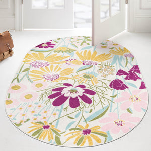 White 6' x 9' Bloom Oval Area Rug 100% Polypropylene With Cotton Backing Easy Clean Colorful Blooming Flower Floral Carpet for Living Dining Room Office Dorms for Sale at Rug Engine
