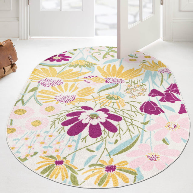 White 6' x 9' Bloom Oval Area Rug 100% Polypropylene With Cotton Backing Easy Clean Colorful Blooming Flower Floral Carpet for Living Dining Room Office Dorms for Sale at Rug Engine