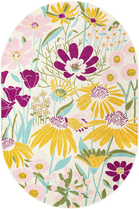 White 6' x 9' Bloom Oval Area Rug 100% Polypropylene With Cotton Backing Easy Clean Colorful Blooming Flower Floral Carpet for Living Dining Room Office Dorms for Sale at Rug Engine