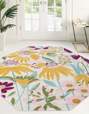White 7' x 7' Bloom Octagon Area Rug 100% Polypropylene With Cotton Backing Easy Clean Colorful Blooming Flower Floral Carpet for Living Dining Room Office Dorms for Sale at Rug Engine