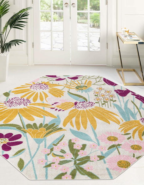 White 7' x 7' Bloom Octagon Area Rug 100% Polypropylene With Cotton Backing Easy Clean Colorful Blooming Flower Floral Carpet for Living Dining Room Office Dorms for Sale at Rug Engine