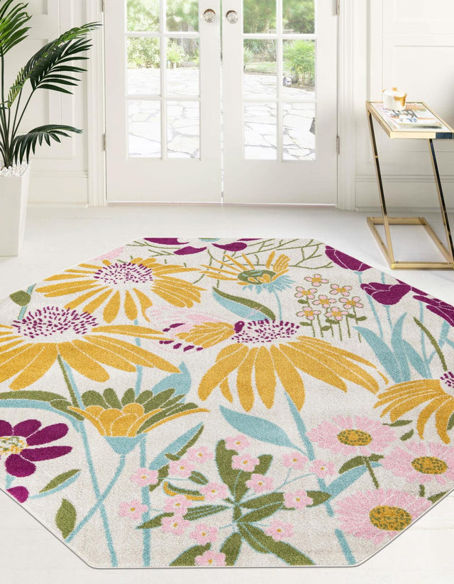White 7' x 7' Bloom Octagon Area Rug 100% Polypropylene With Cotton Backing Easy Clean Colorful Blooming Flower Floral Carpet for Living Dining Room Office Dorms for Sale at Rug Engine