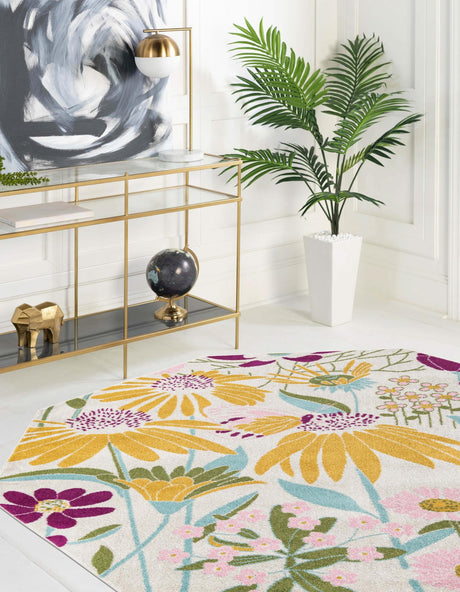 White 7' x 7' Bloom Octagon Area Rug 100% Polypropylene With Cotton Backing Easy Clean Colorful Blooming Flower Floral Carpet for Living Dining Room Office Dorms for Sale at Rug Engine