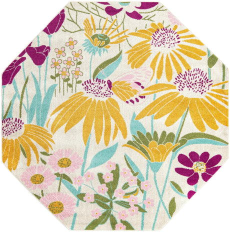 White 7' x 7' Bloom Octagon Area Rug 100% Polypropylene With Cotton Backing Easy Clean Colorful Blooming Flower Floral Carpet for Living Dining Room Office Dorms for Sale at Rug Engine