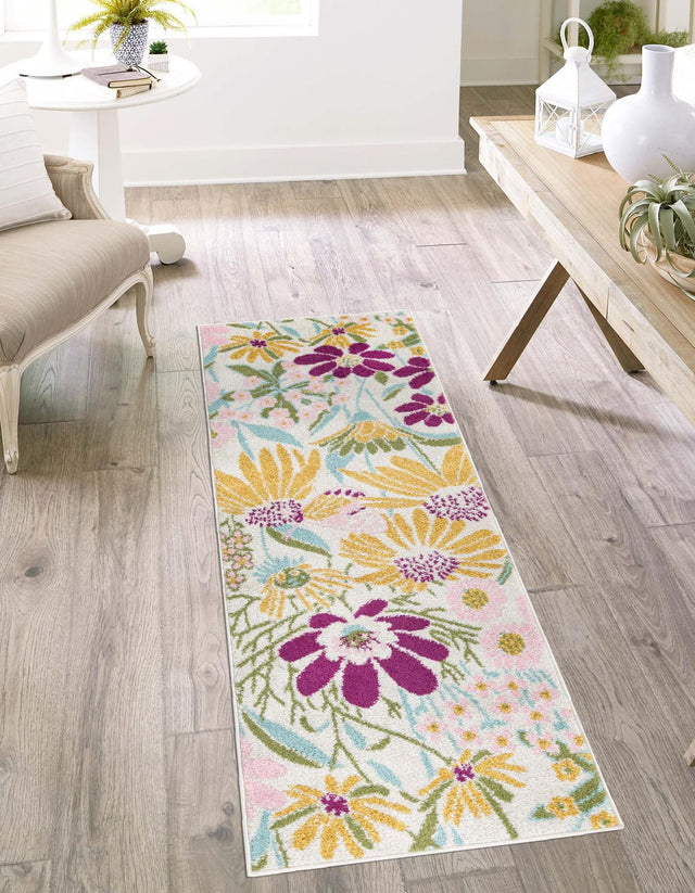 White 2' x 6' 1 Bloom Runner Area Rug 100% Polypropylene With Cotton Backing Easy Clean Colorful Blooming Flower Floral Carpet for Living Dining Room Office Dorms for Sale at Rug Engine